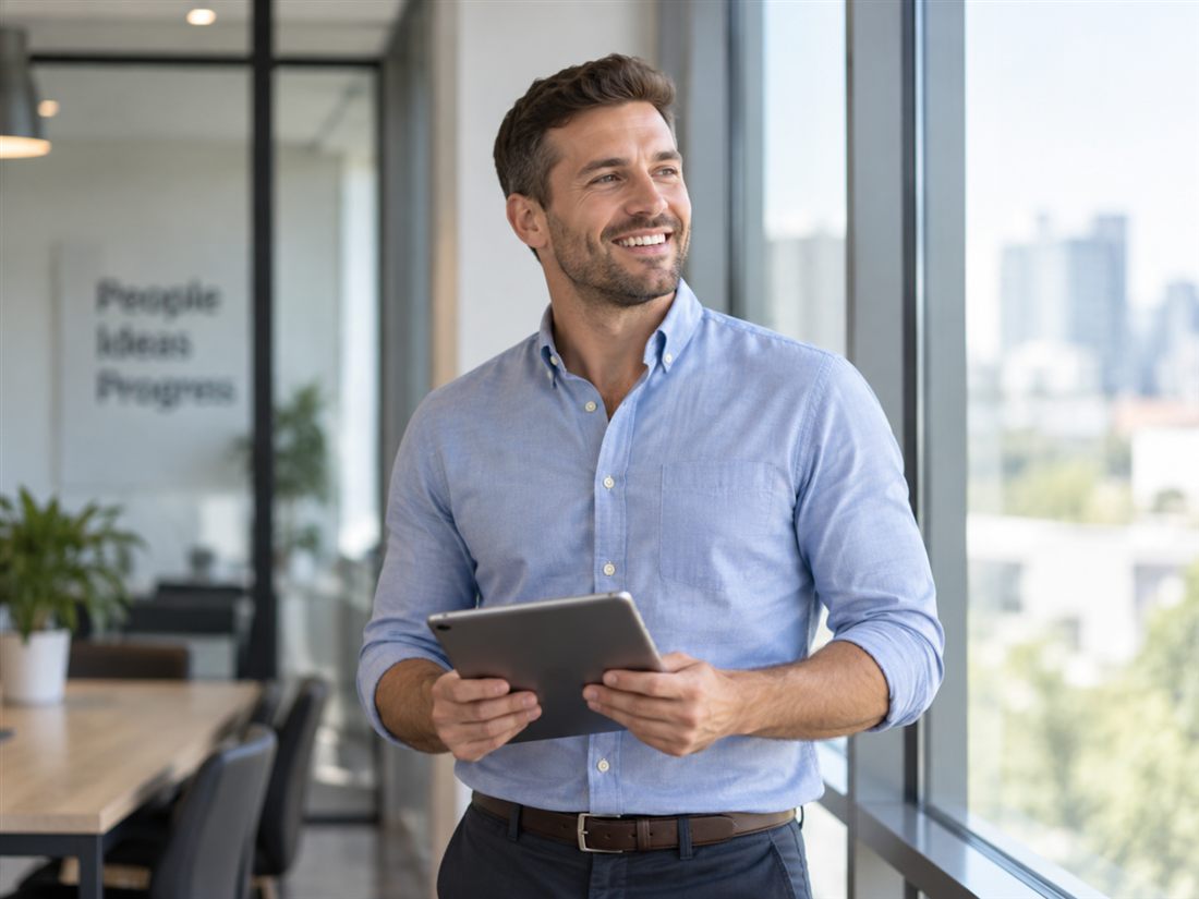 Accountmanager bekijkt zijn klantportfolio op tablet in de DealDrive saleswerkplek