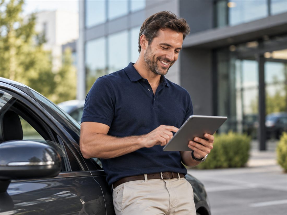Accountmanager buitendienst plant zijn werkdag met klantbezoeken bij zijn auto