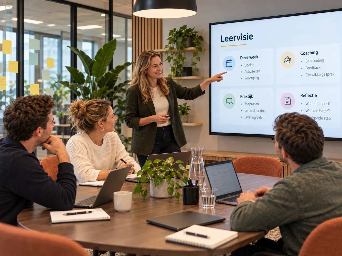 Salescoach bespreekt de leervisie van de week met een salesteam